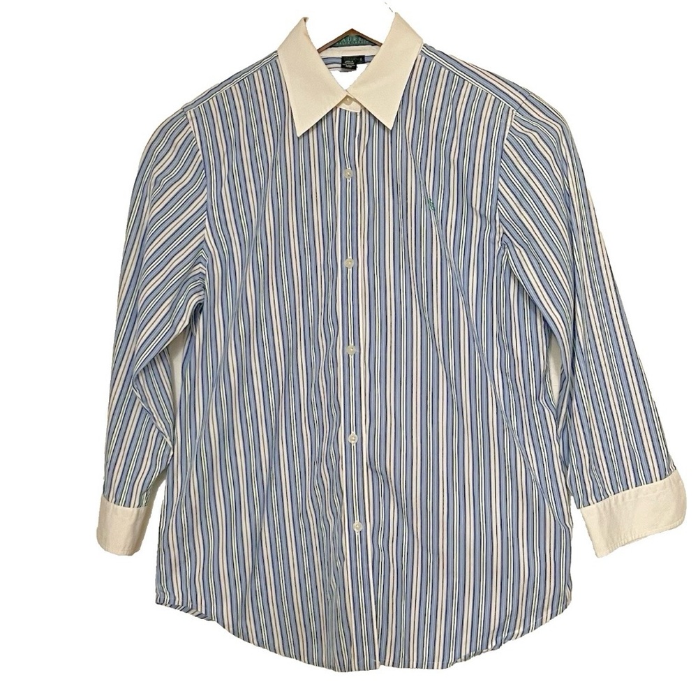 LAUREN RALPH LAUREN Women's Cotton Shirt 3/4 Sleeve Striped Blue White Size Sm